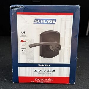 Schlage Merano Keyed Entry Door Lever Matte Black Greenwich Trim F51A G MER 622